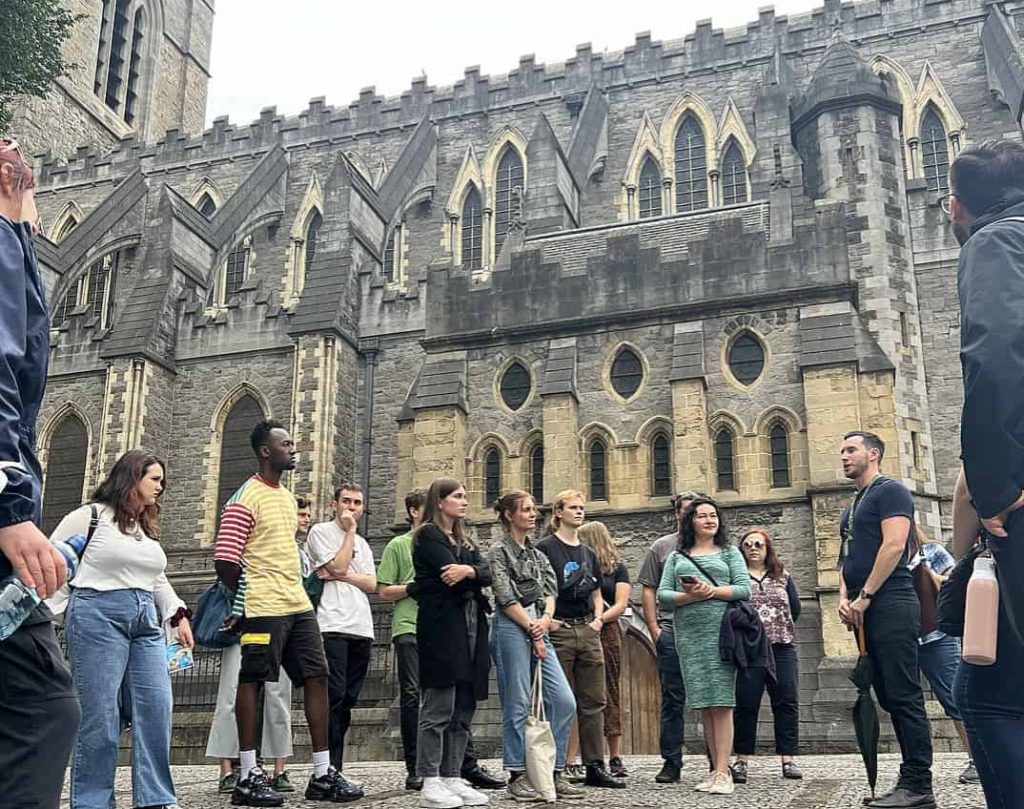 Dublin tour guide talks about Viking Dublin outside Christ Church Cathedral